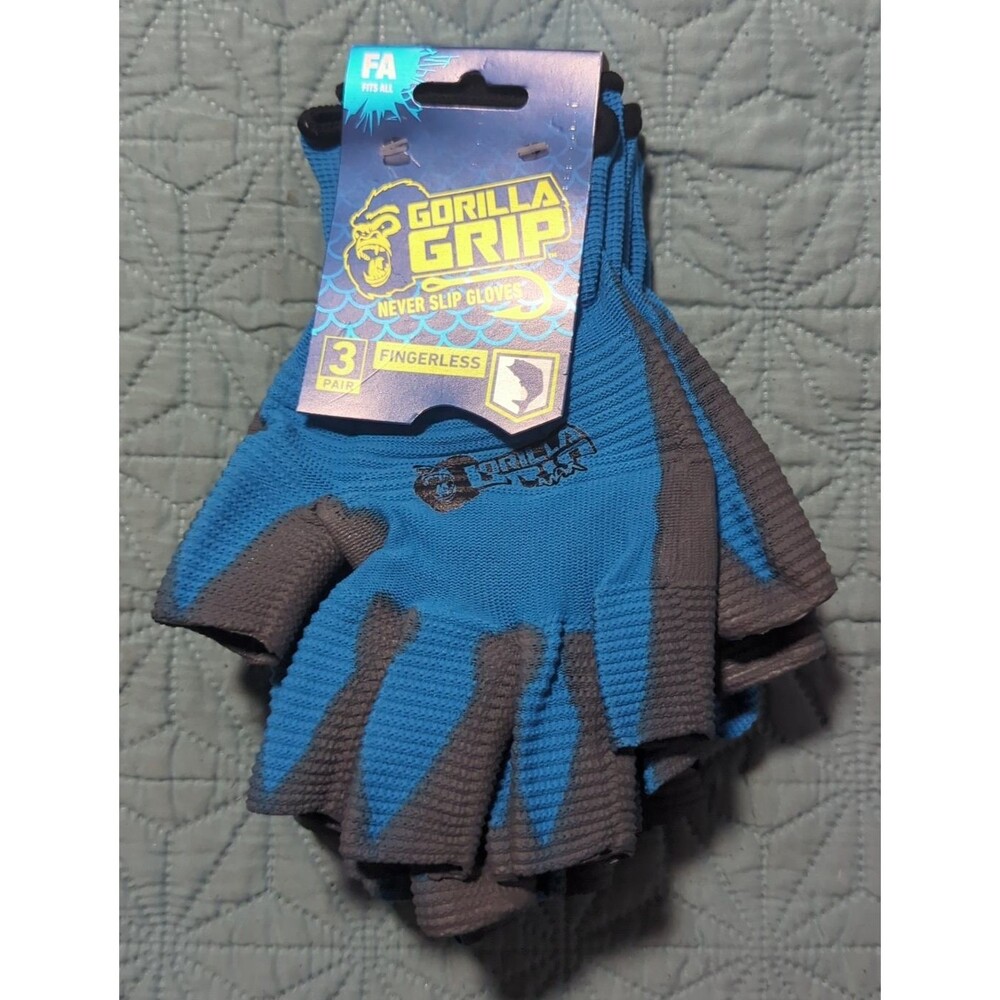 Gorilla Grip Fingerless Never Slip Gloves 3 Pair One Size Fits All Fishing Blue